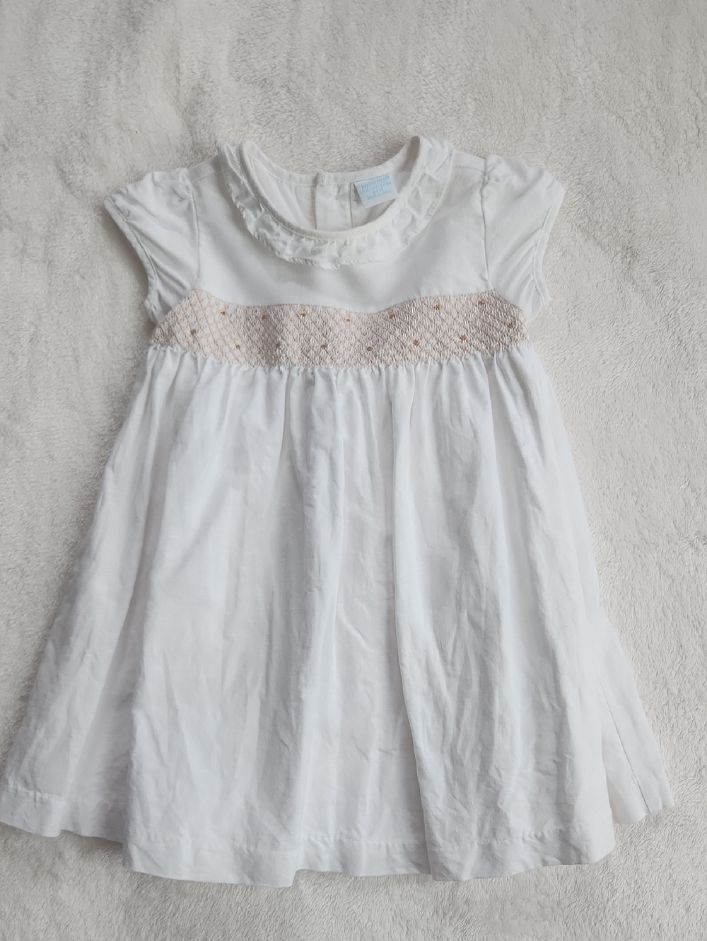White Smocked Girls' Dress with Tan Smockint Detail, SZ 24 Mos